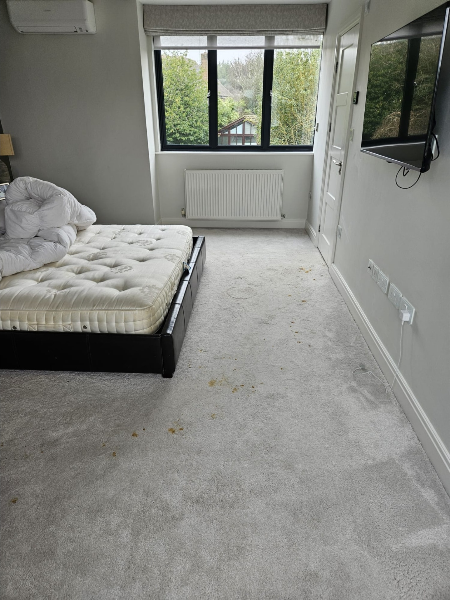 Stained bedroom carpet before cleaning